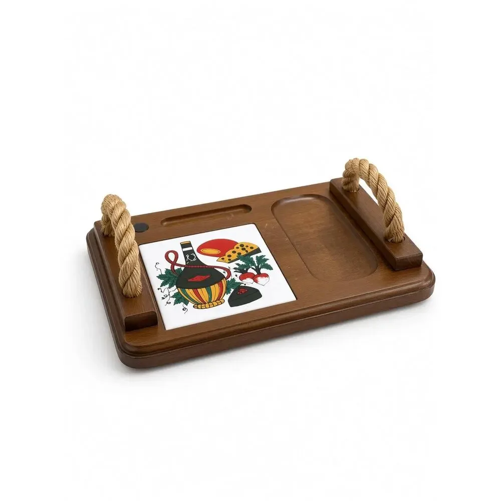 Vintage Wood Wine and Cheese Serving Board, Painted Tile Insert, Rope Handles